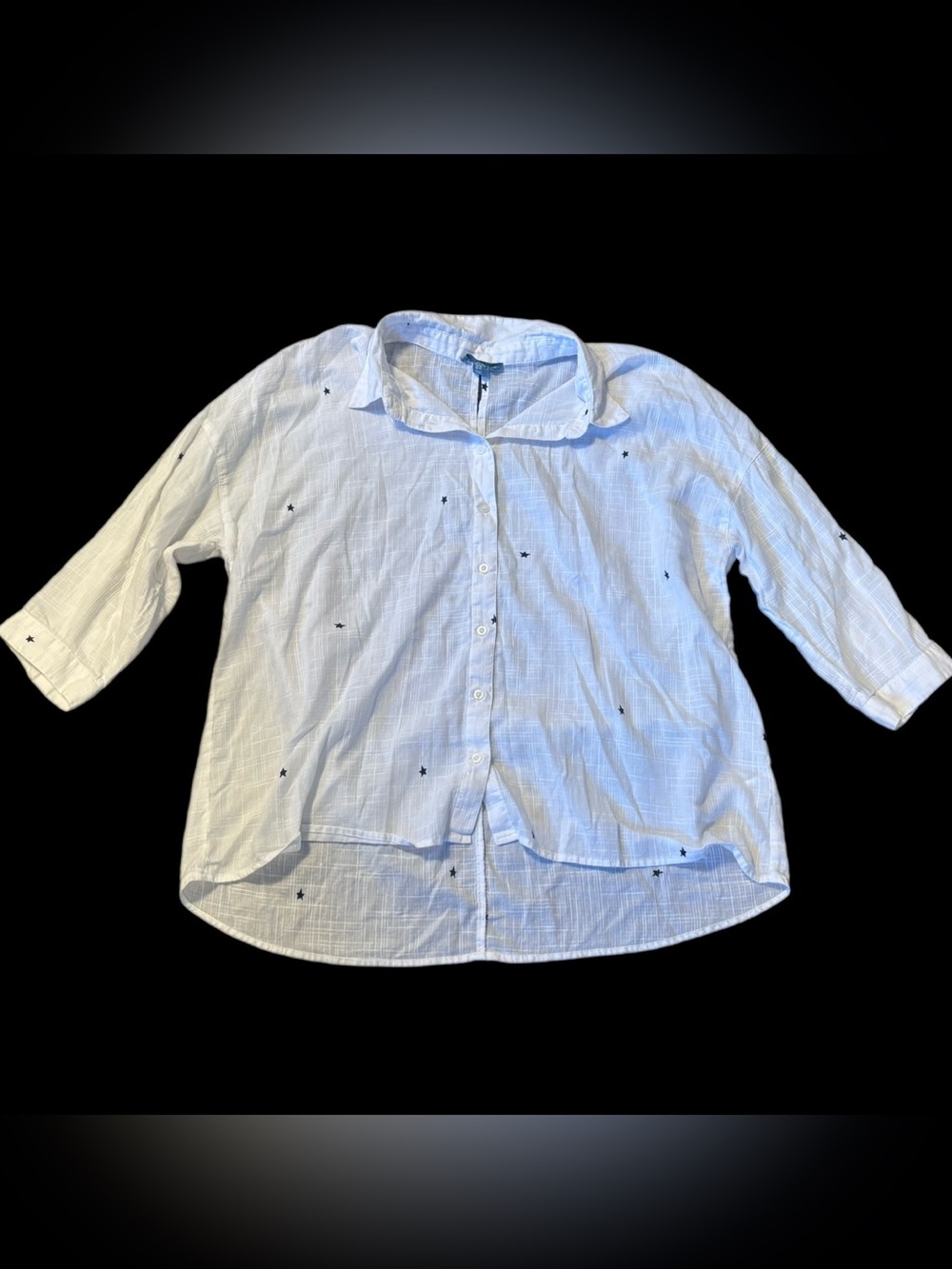 Fleur Bleue Star Embroidered White Cotton Button Down Shirt 3/4 Roll Tab XL